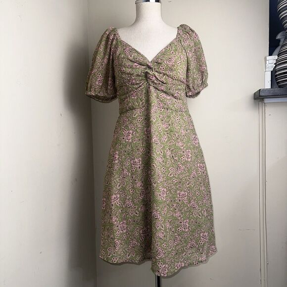 Japna Dresses & Skirts - NWT Japna Olive Green Pink Floral Smocked Dress Puffy Sleeves Size Medium NEW